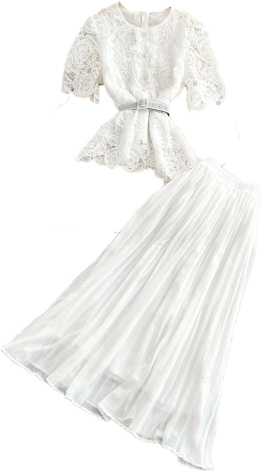 Women Vintage Skirt Suit 2 Piece Sets Womens Slim Waist Lace Blouse High Waist Pleated Skirts Suit