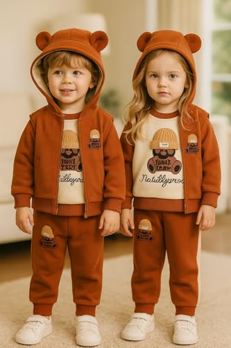 Image of Bold N Elegant Cotton Blend Cute Cartoon Bear Graphics Winter Warm Sweatshirt Hood Jacket And Jogger Pant 3 Pc Layering Clothing Set For Infant Toddler Kids