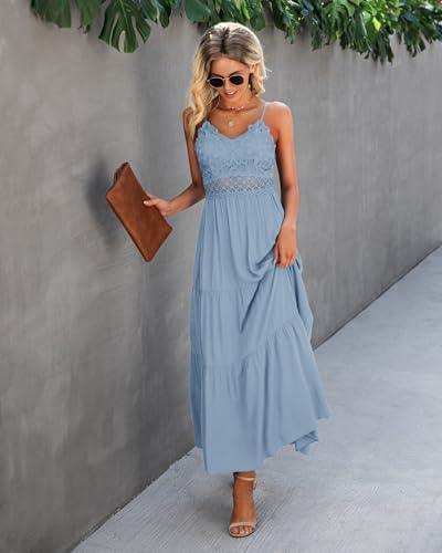 Image of Dokuritu Women's Beach Crochet Lace Maxi Dress Solid Color Summer Vacation Wedding Guest Spaghetti Strap Long Dress