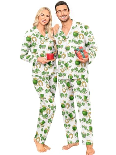 St. Patrick's Day Matching Pajamas for Couples Green Lucky Shamrock Long Sleeve Sleepwear for Women and Men