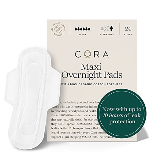 Cora Organic Maxi Pads | Ultra Thin Period Pads with Wings | Maxi Overnight Absorbency | Ultra-Absorbent Sanitary Pads for Women | 100% Organic Cotton Topsheet (24 Count (Pack of 1))