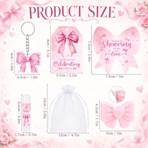 Image of 288 Pcs Baby Shower Favors Set for Guests,Pink,Bow | Boys Gender Reveal Party Set, Keychains Organza Bags Thank You Cards, Bear Theme Guest Favors, Complete Bulk Kit