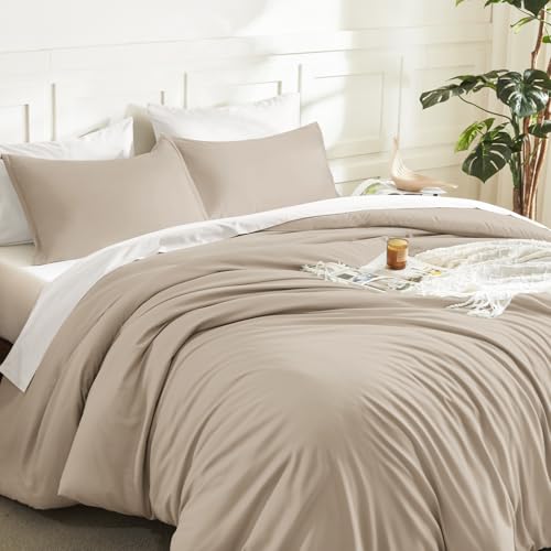 Image of Litanika Khaki Comforter Set Queen Size, 3 Pieces Solid Bedding Comforter Set, All Season Down Alternative Bed Set (90x90In Comforter & 2 Pillowcases)