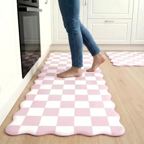 VivaNest Scalloped Pink Checkered Grid Checkerboard Kitchen Rug Sets [2 PCs], Anti-Fatigue, Waterproof Non-Slip Kitchen Mats Heavy Duty Ergonomic Comfort Foam Rug for Floor, Laundry,17"x29"+17"x47"