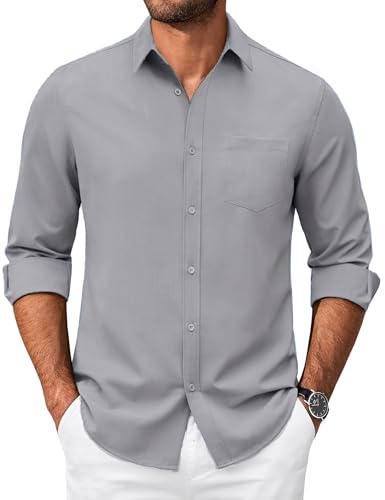 COOFANDY Herren Hemd Langarm Regular Fit Stretch Freizeithemd Oxford Hemden Business Oberhemd mit Brusttasche Hellgrau XL