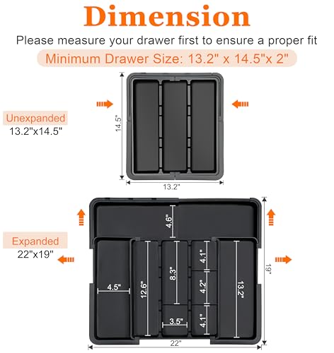 Large Utensil Drawer Organizer Expandable Silverware Organizer for Kitchen Drawer Adjustable Cooking Utensil Holder Cutlery Flatware Tray Spatula Tools Gadgets Storage Dividers Plastic Black
