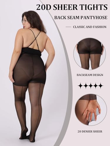 MERYLURE 2 Pairs Women's Plus Size Backseam 20D Sheer Tights, Control Top Pantyhose with Reinforced Toes3