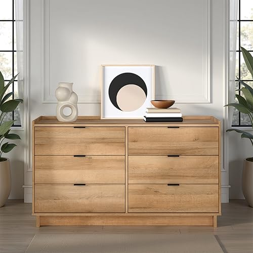 Image of Prepac Simply Modern 6-Drawer Double Dresser for Bedroom, Chest of Drawers, Modern Bedroom Furniture, 52.5 inch Wide x 16 inch deep x 29.5 inch Tall, Oak