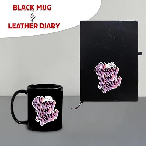 Image of SAVRI New Year Gift Hamper - Leather Diary and Black Patch Mug with Happy New Year Quote - Ideal Gifts for Employees, Corporate Use, Men, Women, Teachers, College, and School (Black)