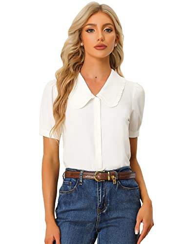 Allegra K Women's Peter Pan Collar Shirt Puff Short Sleeve Retro Vintage Blouse