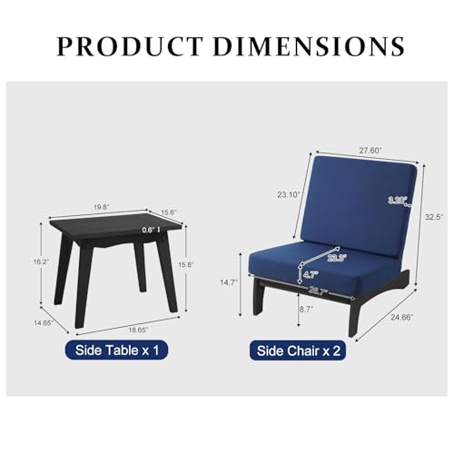 Image of Pia Ricoo 3 Piece Patio Bistro Set with Patio Chairs and Table, Heavy Duty Wood Patio Furniture Set, All-Weather Outdoor Chairs for Balcony, Deck, Poolside, Porch - Navy /Dark