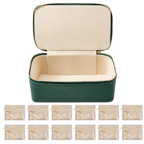 Jokapy Valigetta da viaggio con 12 sacchetti in velluto con chiusura lampo, per anelli, orecchini, collane, bracciali (verde)