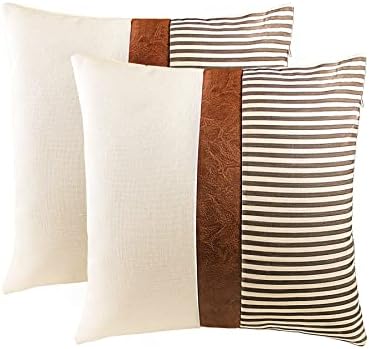 TIMDAM Farmhouse Decorative Throw Pillow Covers 18x18, Set of 2 Couch Pillow Cover for Living Room, Stripe Patchwork Linen Pillow Covers, Modern Accent Decor Square Faux Leather Throw Pillow Cases
