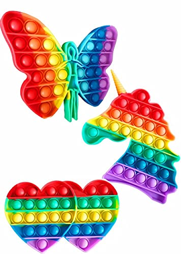 3Pcs Rainbow Push Pop Bubble Sensory Fidget Toy for Anxiety, Silicone Stress Relief Toys for Kids and Adults Squeeze Double Heart Animal Beautiful Butterfly Faer Sensory Toy