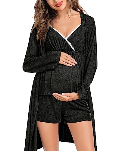 Image of SWOMOG Womens Maternity Robe Set 3 Piece Nursing Pajamas for Breastfeeding 3 in 1 Labor Delivery Hospital Pregnancy Pjs Grey