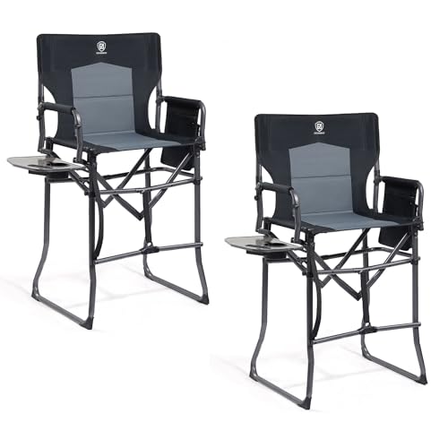 EVER ADVANCED 2 Piece Portable 30.7' Seat Height Tall Folding Camping Chair Directors Chair High with Side Table for Makeup Artist, Sports Event, Craft Show, Supports 350LBS Black Grey