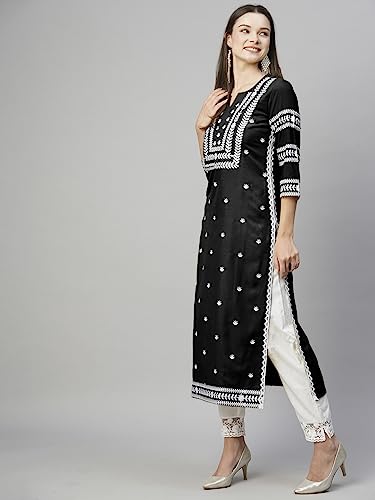 Image of ANNI Designer Women's Cotton Straight Fit Straight Viscose Chikankari Embroidered Kurta