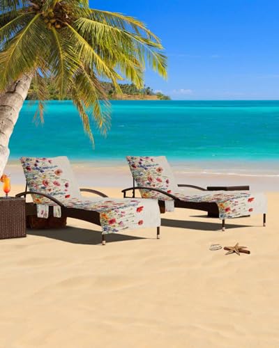Spring Flower Beach Chair Cover with Side Pockets, Microfiber & Quick Dry Pool Chaise Lounge Chair Towels Covers for Sun Sunbathing Patio Garden Hotel, Farmhouse Floral Retro Aesthetic Herb
