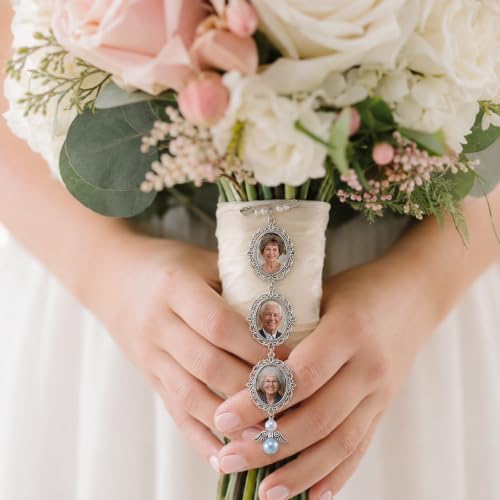 Image of MIXJOY Something Blue Gift for Bride, Wedding Day Bridal Blue Pearl Angel Wings Bouquet Garter Charm for Bride to Be