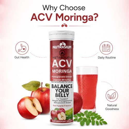 Image of Nutrasium ACV Moringa Metabolism Plus | Apple Cider Vinegar Effervescent Tablet | For Supports Weight Loss, Control Cravings, Convert Fat Into Energy, Boost Energy & Immunity | 30 Tablets Red apple
