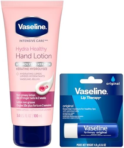 Vaseline Lotion & Lip Therapy Bundle โ Healthy Hands Stronger Nails with Keratin Intensive Care Hand Lotion + Original Lip Balm Tube