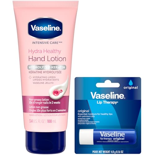 Vaseline Lotion & Lip Therapy Bundle – Healthy Hands Stronger Nails with Keratin Intensive Care Hand Lotion + Original Lip Balm Tube