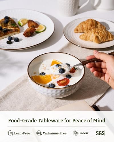 Image of Famiware Eden Embossed Plates and Bowls Sets, Stoneware Dinnerware with Gold Trim, 12-Piece Luxury Dishes for 4, Everyday & Formal Use, Chip /Scratch Resistant, Microwave /Dishwasher Safe, White Circle