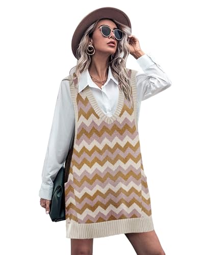 Image of HOTOUCH Women Sweater Vest Oversized V Neck Sleeveless Knit Pullover Ribbed Vest Dress with Pockets