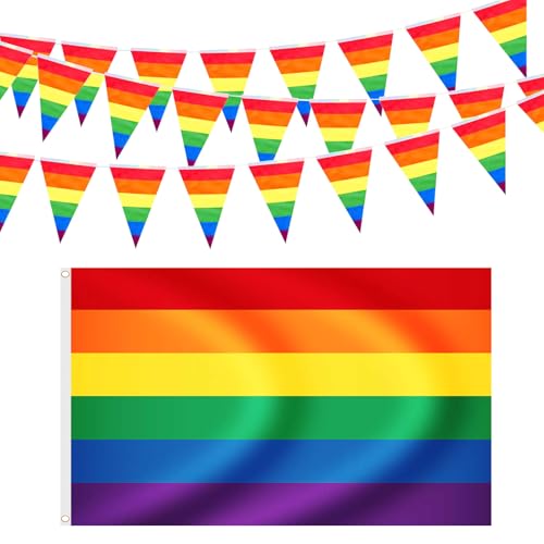 Pride Decorations - Pride Flag 3 ft X 5 ft + 26.2ft Rainbow Bunting LGBT Gay Hang Flag Triangle Pulling Flag for Outdoor Indoor Home School Bars Restaurants Garden Decoration