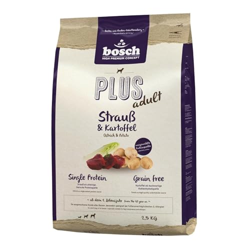 bosch HPC PLUS Adult Hundefutter trocken, Strauß & Kartoffel 2,5 kg | Getreidefreies Futter, Single Animal Protein Strauß, für sensible Hunde, knusprige Kroketten, hohe Akzeptanz, Made in Germany