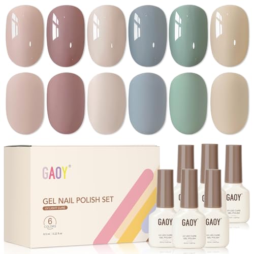 GAOY Neutral Gel Nail Polish Set, 6 Colors Blue Green Beige White, UV Light Cure Gel Polish for Salon and Nail Art DIY at Home