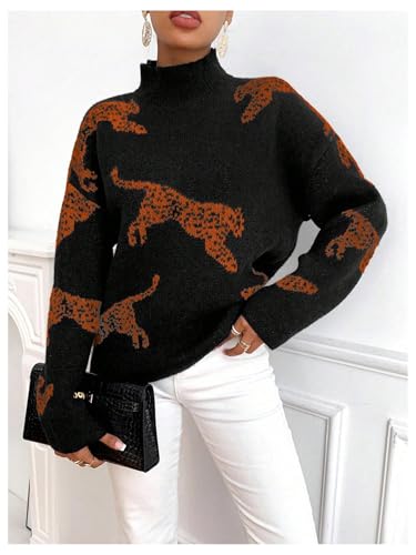 Image of WDIRARA Women's Leopard Tiger Print Sweater High Neck Long Sleeve Fuzzy Knitted Pullover Top