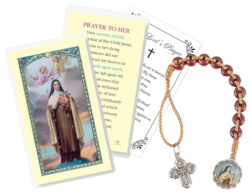Little Flower Rosary Beads - St Therese Prayer Card, The Lord's Prayer - Brazilian Hand Crafted One Decade Rosary - Catholic Cards Set