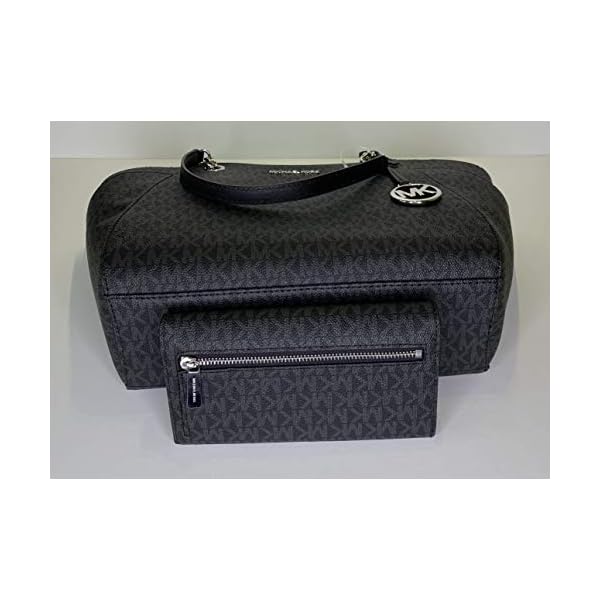 Michael Kors Jet Set Travel Large Chain Shoulder Tote bundled with Travel Trifold Wallet (Signature MK Black)