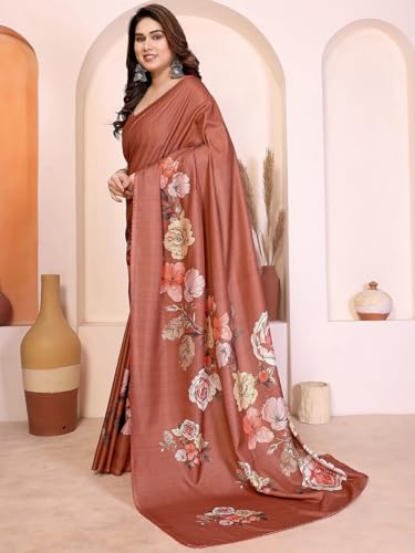 Image of Satrani Women's Tussar Silk Floral Printed Saree with Unstitched Blouse Piece