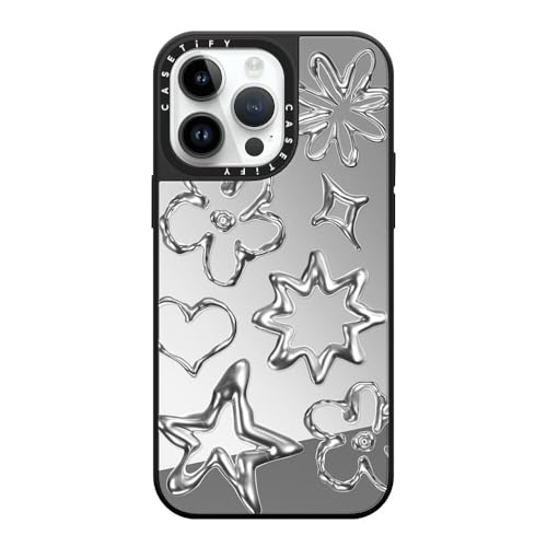 CASETiFY �~���[ iPhone 14 Pro Max �P�[�X [1.5m����̗����������N���A/MagSafe �ɑΉ�] - Chrome Doodles - �V���o�[ (�u���b�N�o���p�[)