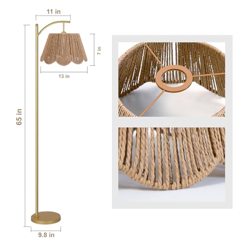 Image of Arc Floor Lamp for Living Room with Remote Control，Rattan Boho Floor Lamp with Hand-Woven Wicker Shade, Foot Switch, Gold /Silvery Metal Base & Pole,Standing Lamp for Bedroom (Gold&Paper Rope)