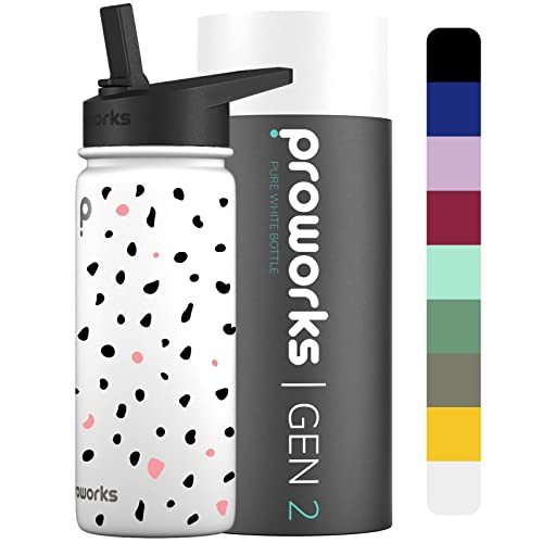 Proworks Gen 2 Botella Agua Acero Inoxidable con Pajita 1L Termica - 24 Horas de Frío 12 Horas de Calor Agua a Prueba de Fugas - Blanco Puro - Ditsy dálmata