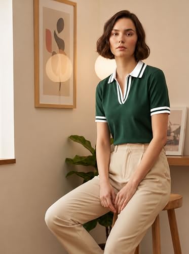 Image of FYLTR Women's Modern V-Neck Striper Collar Solid Polo T-Shirt - Contrast Tipping Details | Regular Fit | T-Shirts for Women | Open Placket