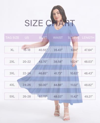 Image of Women's Plus Size Summer Dresses Floral Casual Tiered Midi Dresses V-Neck Short Sleeve Long Maxi Dress with Pockets