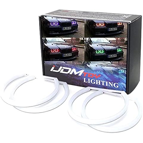 iJDMTOY One Complete Set 7-Color RGB LED Angel Eye Halo Rings For BMW E39 E46 3 5 7 Series Headlights w/Wireless Remote Cover