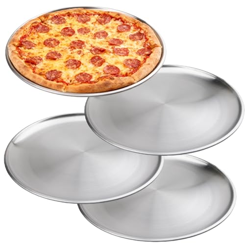GOEDCH Juego de 4 moldes redondos de acero inoxidable para pizza, 26 cm, para horno, saludables y duraderos, fáciles de limpiar y aptos para lavavajillas (metal plateado)