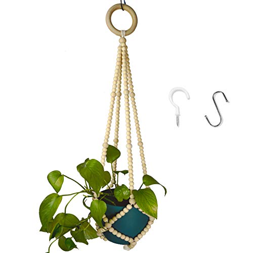Bouqlife Hanging Plant Holder Indoor Macrame Wood Bead Plant Hanger No Tassel