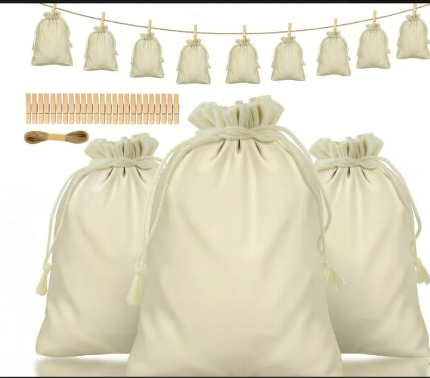 Adventskalender Zum Befüllen, 24 Jutesäckchen mit Holzanhängern & Kordel 3 verschiedene Größen der Leinen-Adventssäckchen Wiederverwendbarer Weihnachtskalender