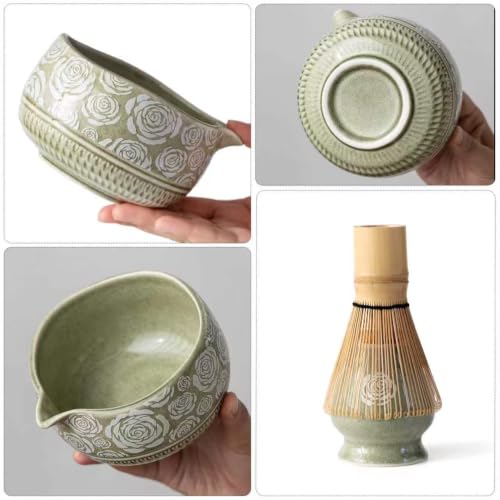 Image of Matcha Whisk Set, 7-Pc Ceramic Matcha Bowl Kit, Bamboo Whisk,(Rose Green)