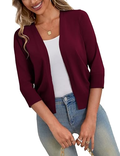 a.Jesdani Shrugs for Women Lightweight 3/4 Sleeve Open Front Burgundy