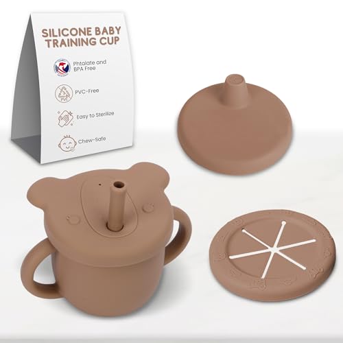 Image of ELBEBE Silicone Baby Training Cup - Versatile Cups for Babies w/ 3 Lids & Straw - Use as Sippy Cup, Straw Cup or Solid Food Cups for Toddlers - BPA Free Toddler Cup (Brick Red color, 250ml)
