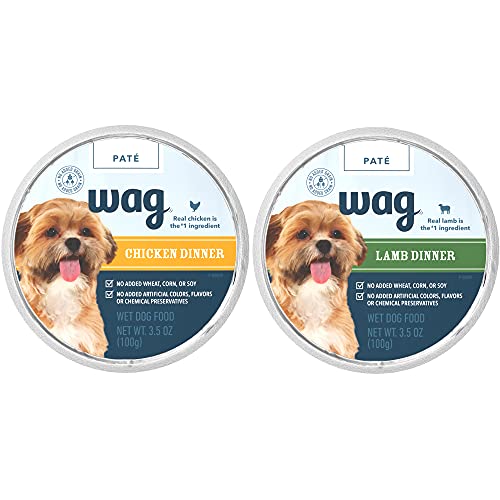 Image of Amazon Brand - Wag Wet Dog Food Cups, Variety Packs Chicken & Lamb Pate, 3.5oz (12 Pack)