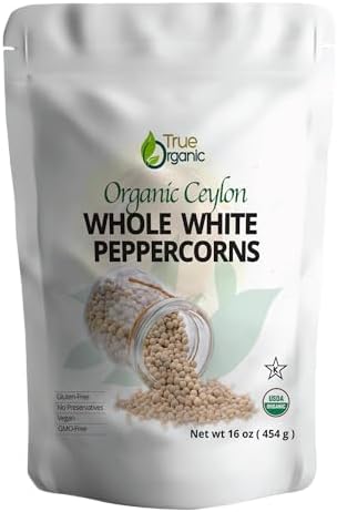 True Organic White Peppercorns Whole 16oz | USDA Organic Pepper | 100% Pure Organic Peppercorns | Kosher Certified | Whole White Peppercorn for Grinder & Cooking.