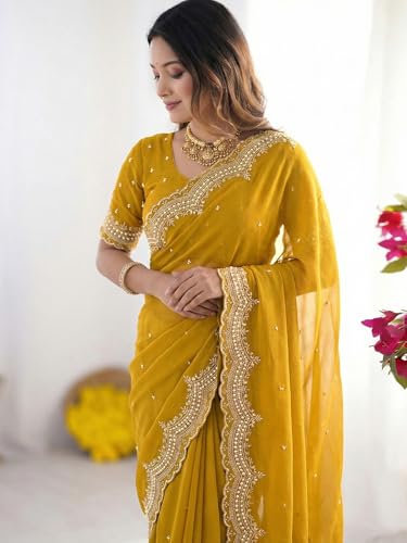 Image of SIRIL Women's Shimmer Georgette Scalloped Border Sequins Embroidery Saree with Unstitched Blouse Piece